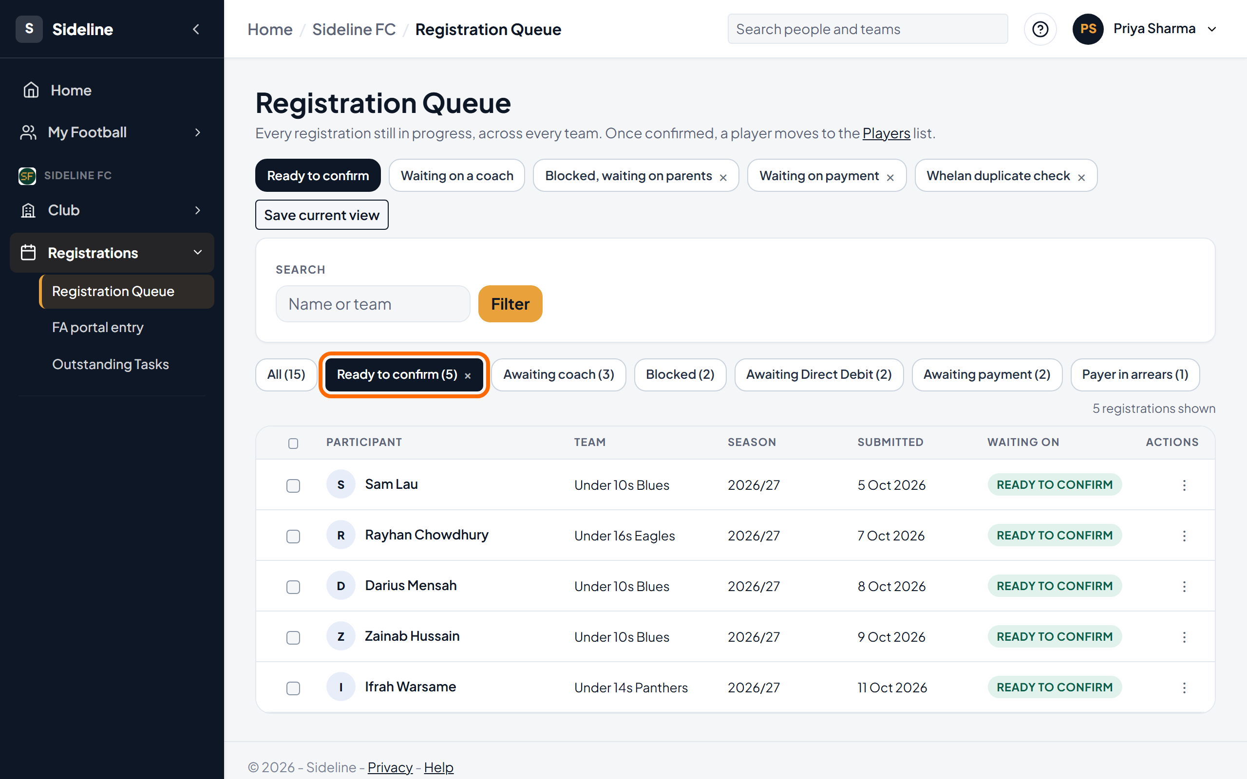 The registration queue with the Ready to confirm status selected and five registrations shown