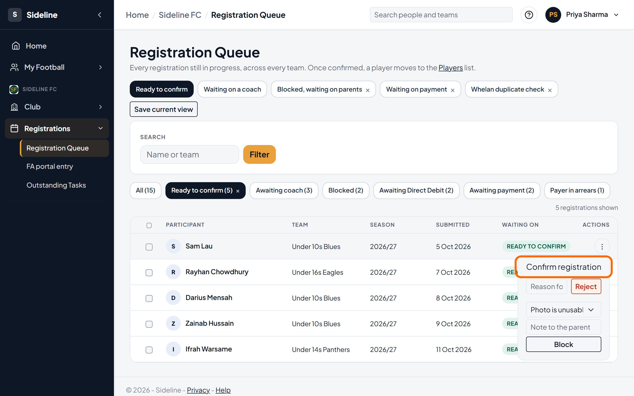 The menu at the end of a row, with Confirm registration at the top