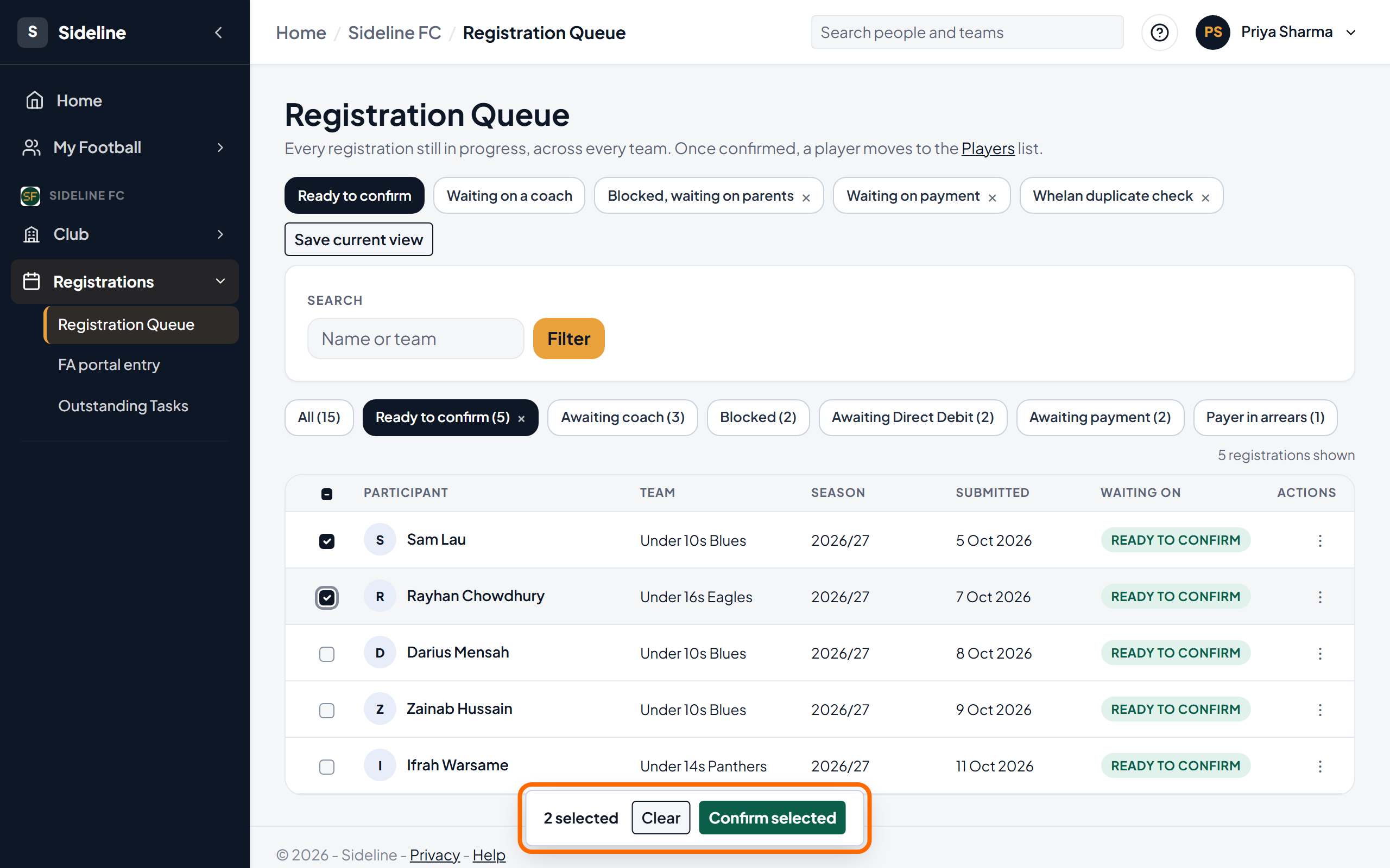 Two rows ticked, with the bar at the bottom showing 2 selected and the Confirm selected button