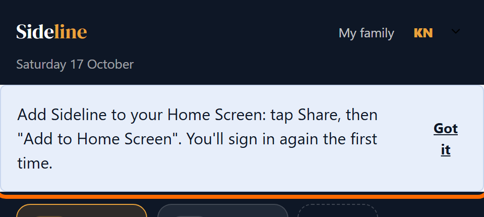 The top of the Sideline home screen on an iPhone, with the box that explains how to add Sideline to the Home Screen