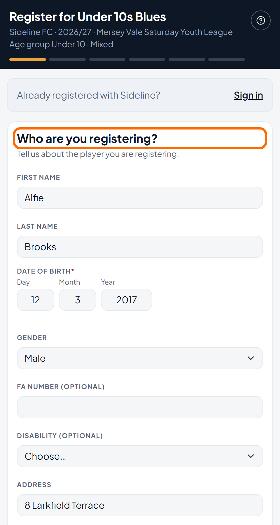The first screen of the registration, filled in with a child's name, date of birth, gender and address