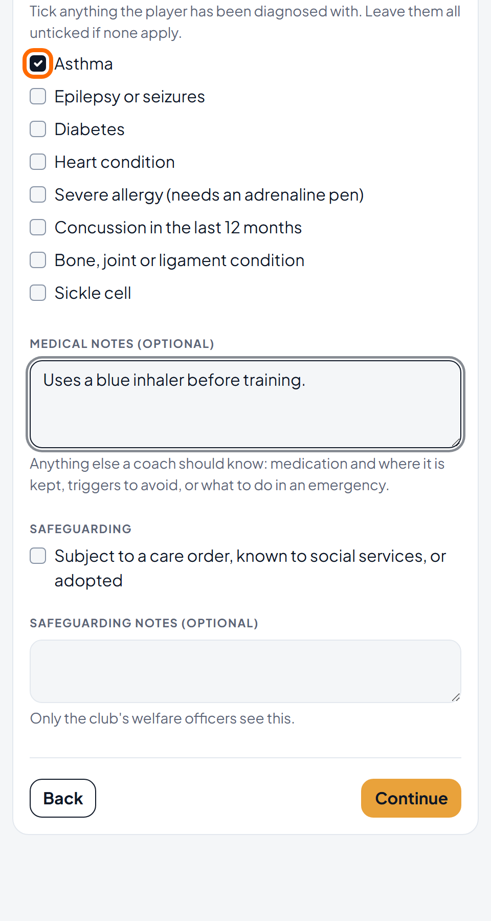 The Health screen with one condition ticked and a note for the coach