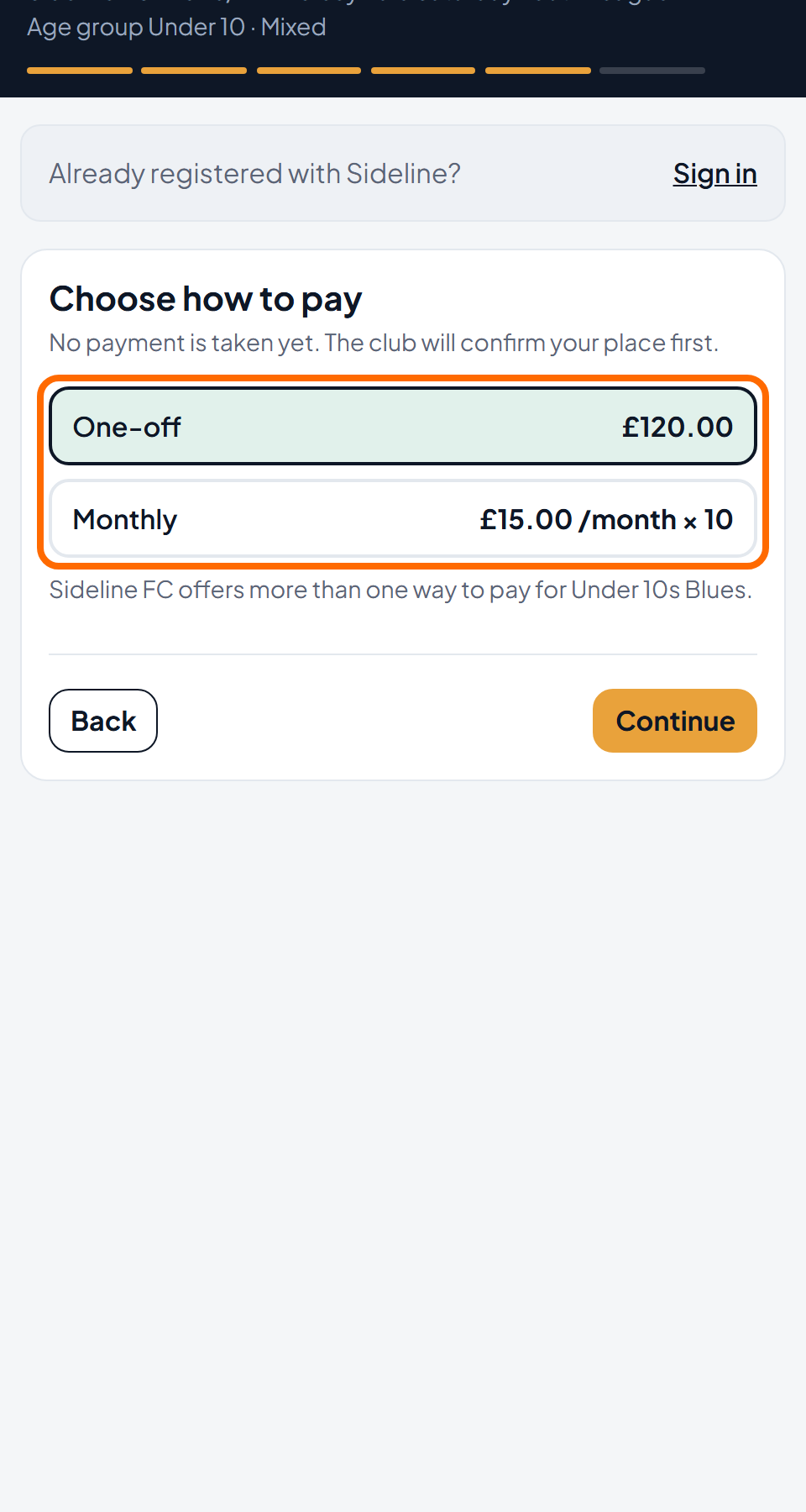 The Plan screen offering two ways to pay, one payment or ten monthly payments