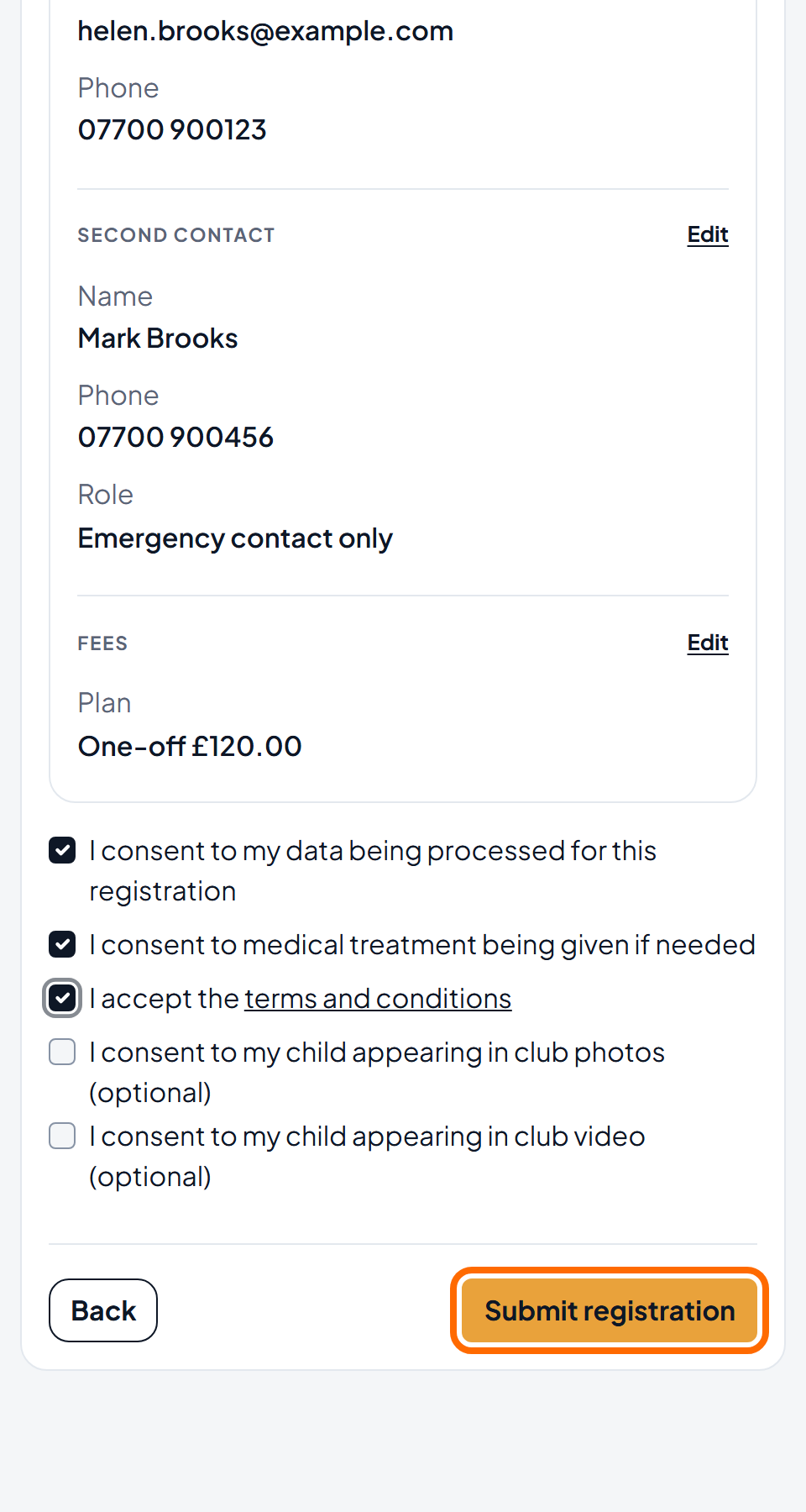 The end of the Review screen, with the consents ticked and the Submit registration button outlined